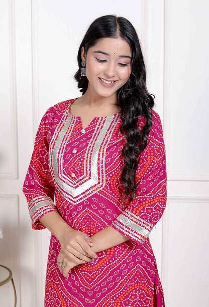 Miravan Women's Pink Bandhani Printed Straight Kurta with Palazzo & Dupatta