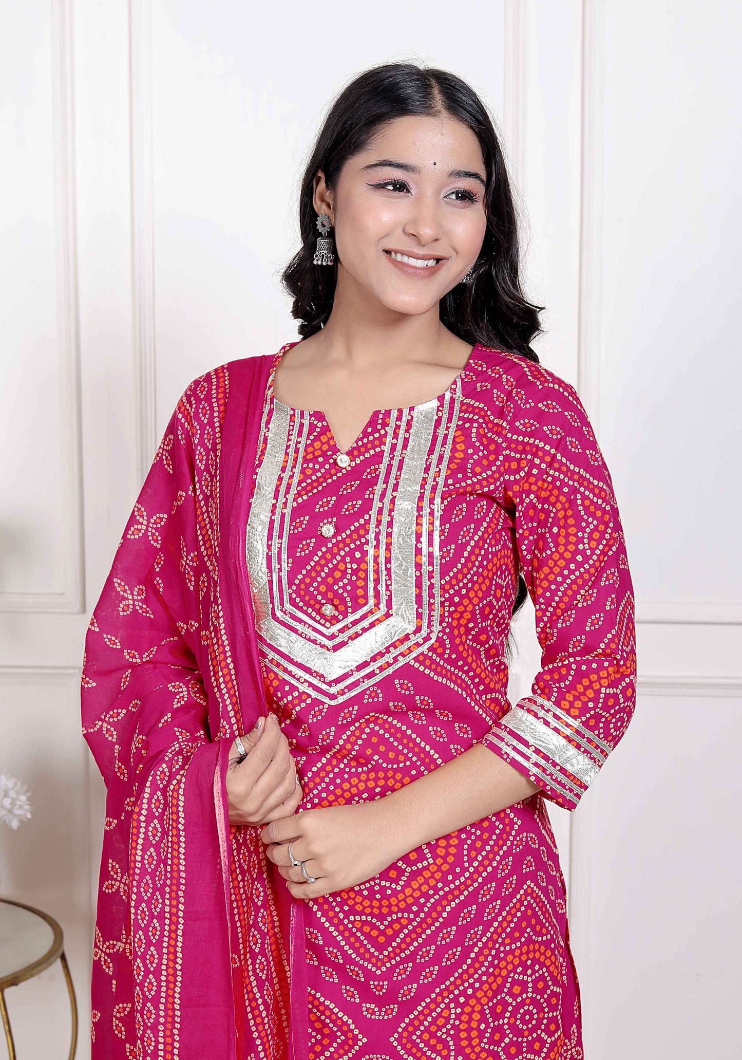 Miravan Women's Pink Bandhani Printed Straight Kurta with Palazzo & Dupatta