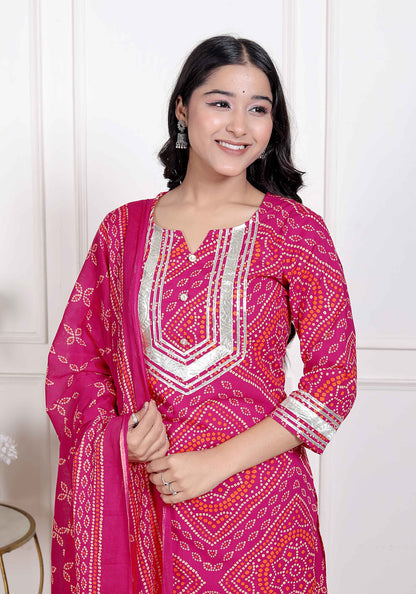 Miravan Women's Pink Bandhani Printed Straight Kurta with Palazzo & Dupatta