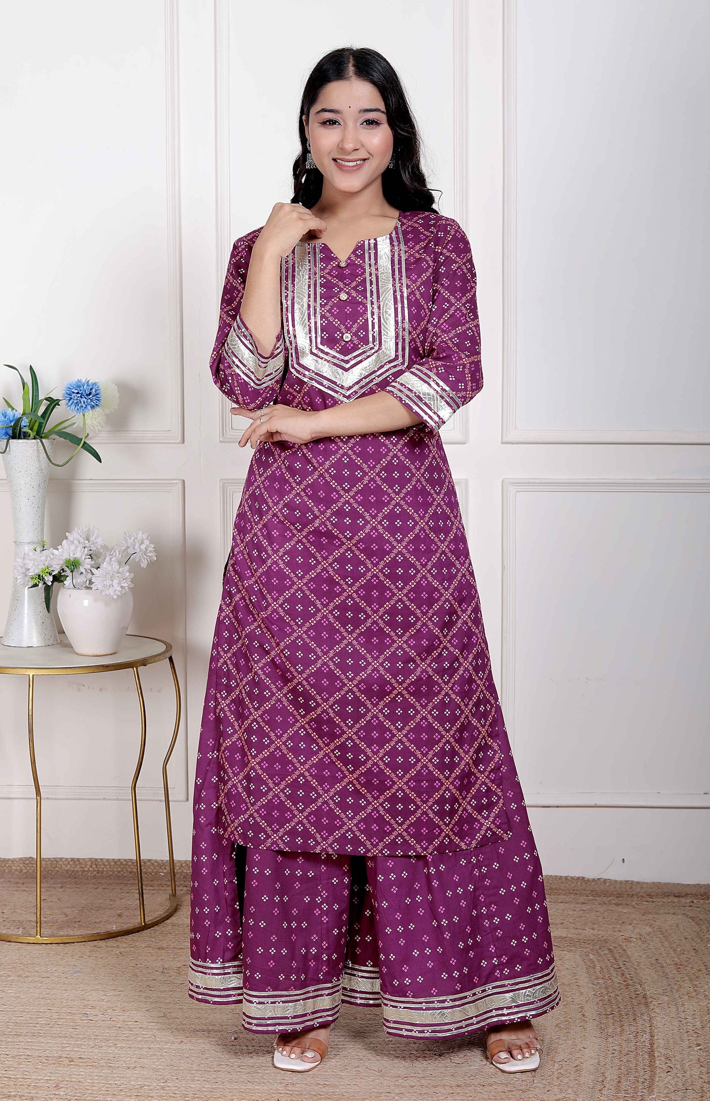 Miravan Women cotton Magenta gota work Kurta with Flared Palazzo