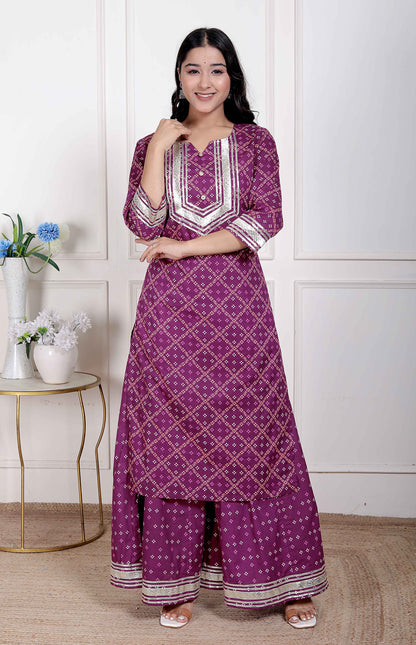 Miravan Women cotton Magenta gota work Kurta with Flared Palazzo