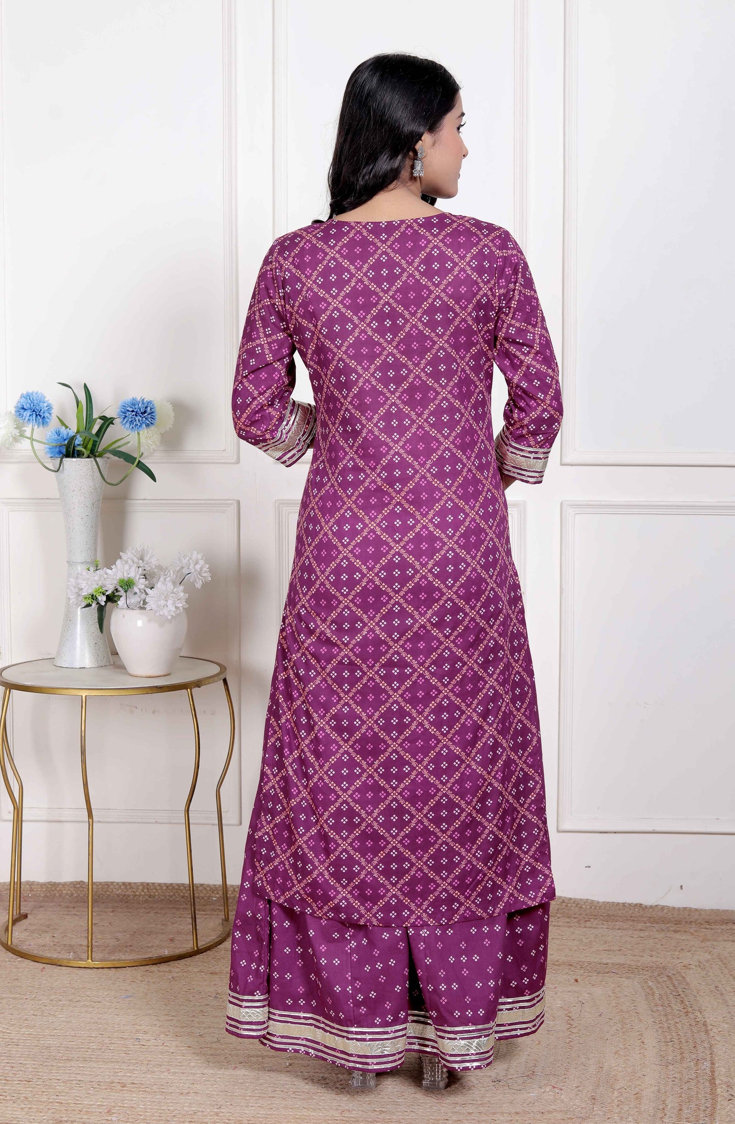 Miravan Women cotton Magenta gota work Kurta with Flared Palazzo