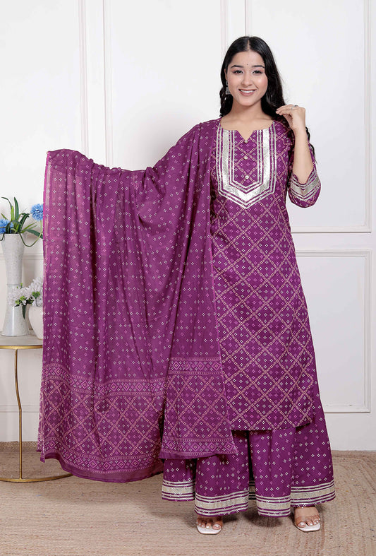 Miravan Magenta Embroidered cotton Kurta with Palazzo and Dupatta