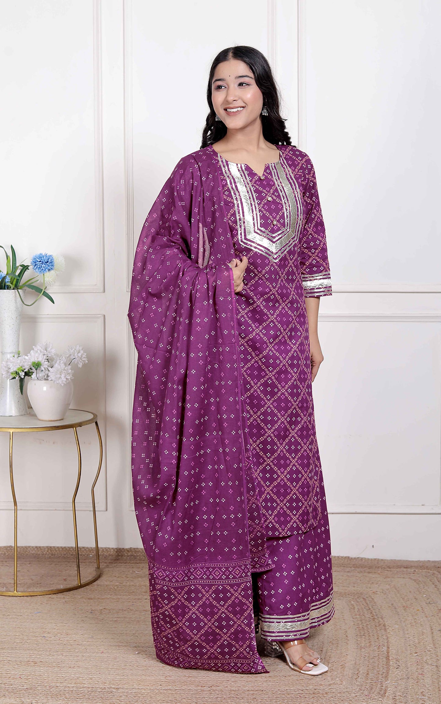 Miravan Magenta Embroidered cotton Kurta with Palazzo and Dupatta