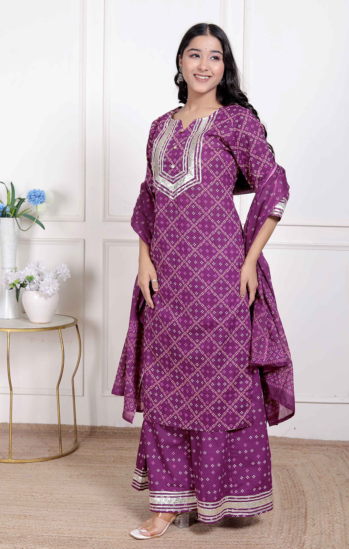 Miravan Magenta Embroidered cotton Kurta with Palazzo and Dupatta