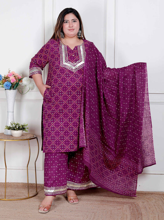 Miravan Plus Size Magenta Embroidered cotton Kurta with Palazzo and Dupatta