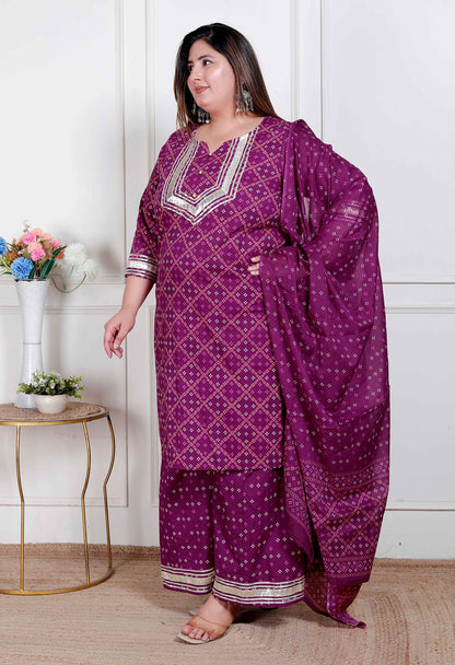 Miravan Plus Size Magenta Embroidered cotton Kurta with Palazzo and Dupatta