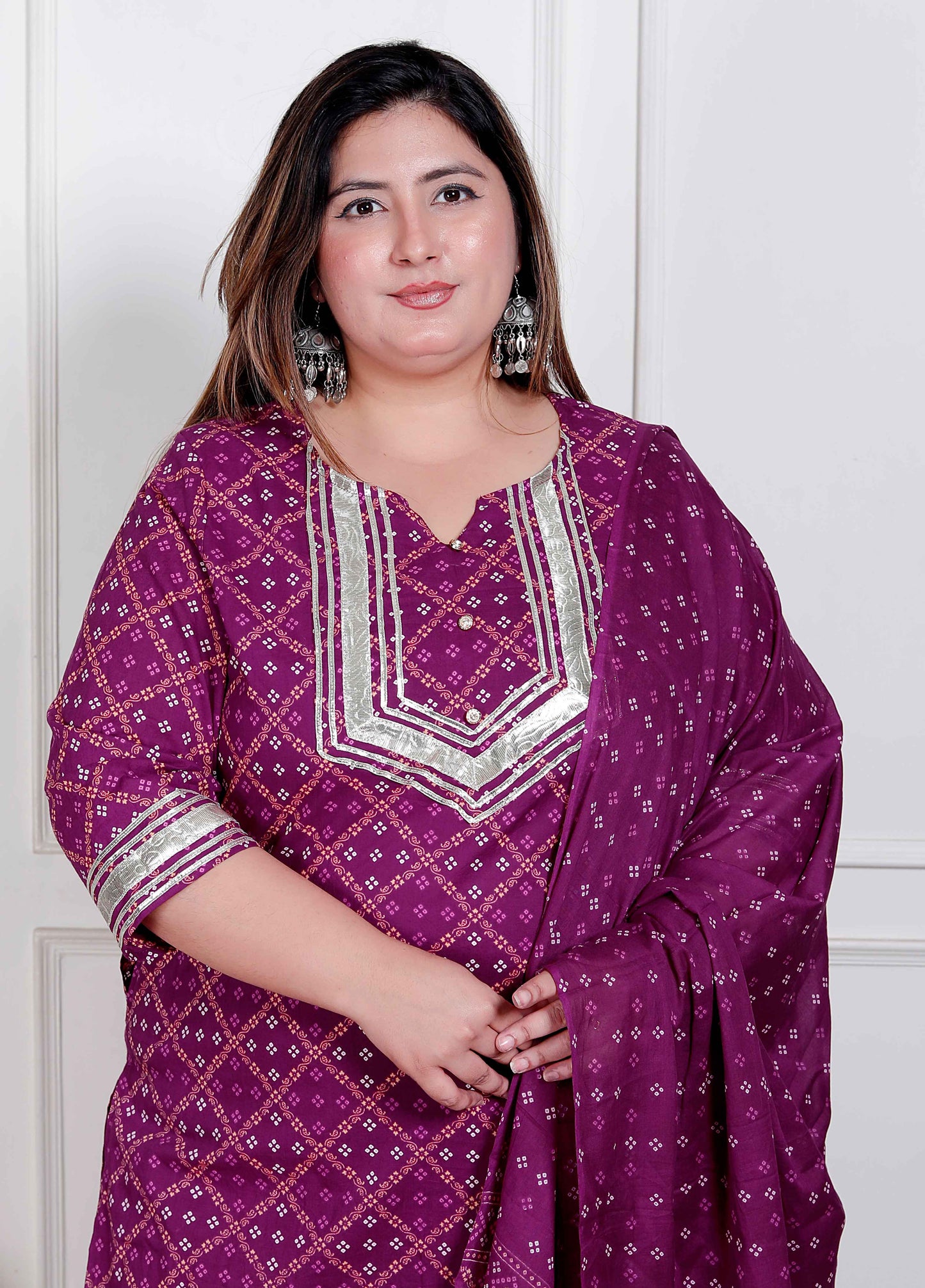 Miravan Plus Size Magenta Embroidered cotton Kurta with Palazzo and Dupatta
