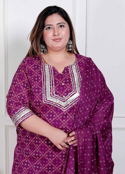 Miravan Plus Size Magenta Embroidered cotton Kurta with Palazzo and Dupatta