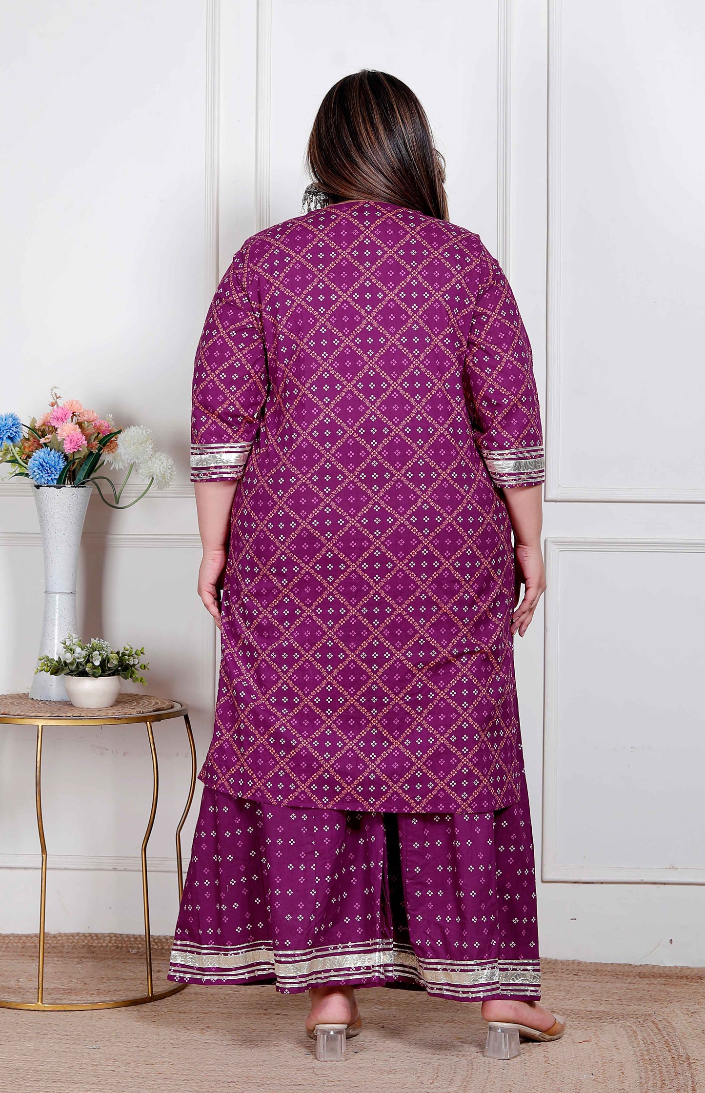 Miravan Plus Size Magenta Embroidered cotton Kurta with Palazzo and Dupatta