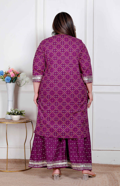 Miravan Plus Size Magenta Embroidered cotton Kurta with Palazzo and Dupatta