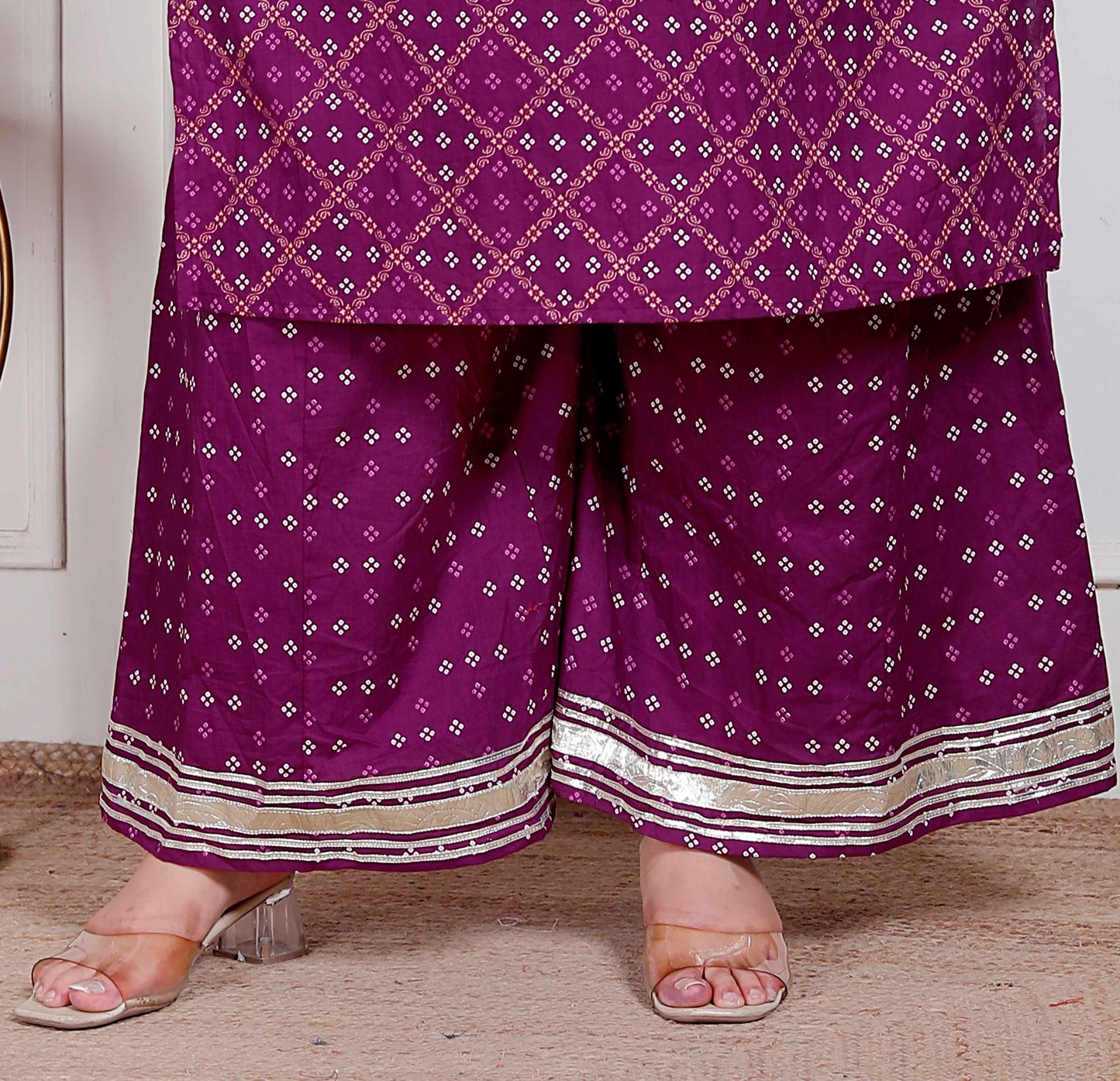 Miravan Plus Size Magenta Embroidered cotton Kurta with Palazzo and Dupatta