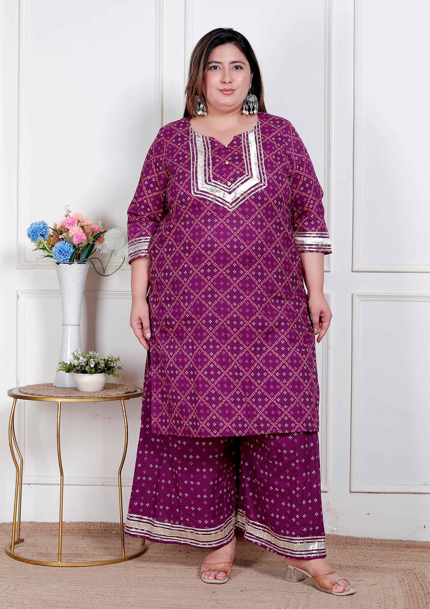 Miravan Plus Size Women cotton Magenta gota work Kurta with Flared Palazzo