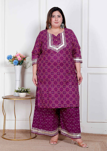 Miravan Plus Size Women cotton Magenta gota work Kurta with Flared Palazzo