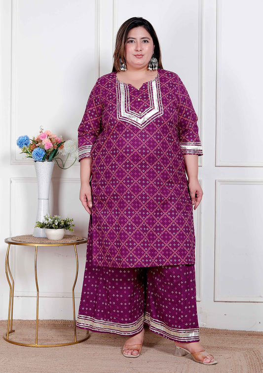 Miravan Plus Size Women cotton Magenta gota work Kurta with Flared Palazzo