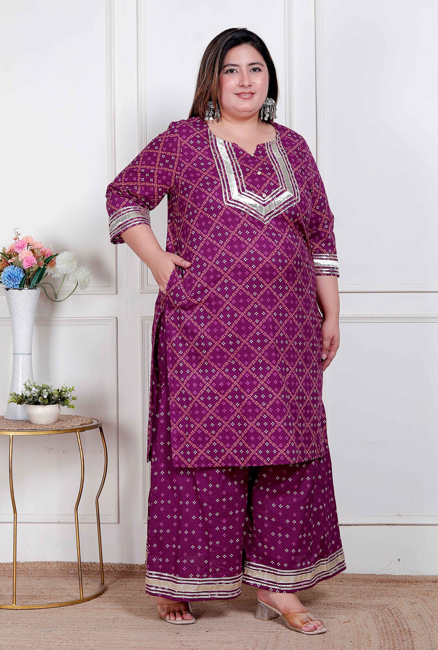Miravan Plus Size Women cotton Magenta gota work Kurta with Flared Palazzo