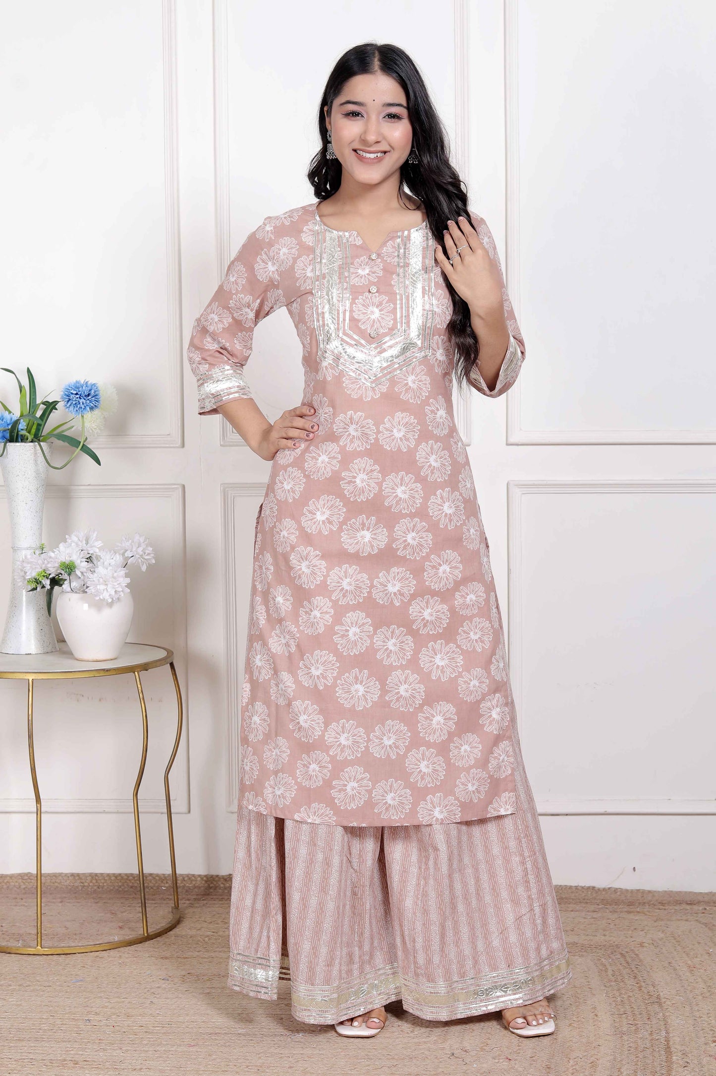 Miravan Womens Brown Floral Printed Straight Ethnic Kurta with Palazzo