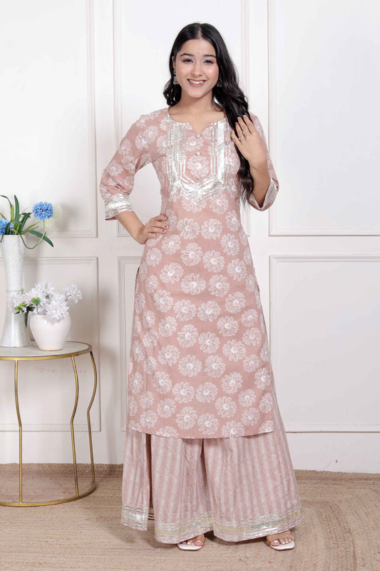 Miravan Womens Brown Floral Printed Straight Ethnic Kurta with Palazzo