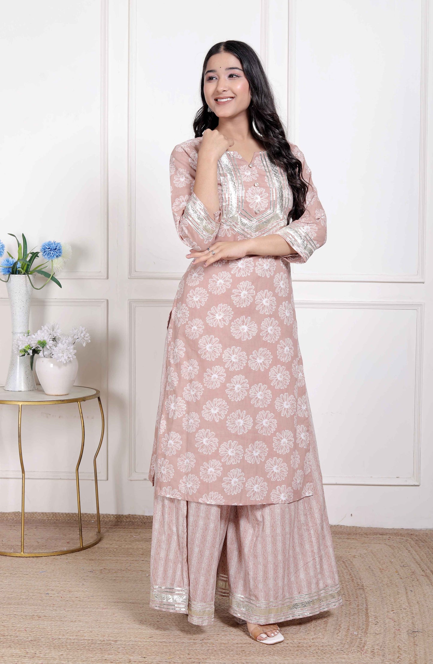 Miravan Womens Brown Floral Printed Straight Ethnic Kurta with Palazzo