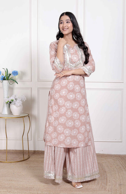 Miravan Womens Brown Floral Printed Straight Ethnic Kurta with Palazzo