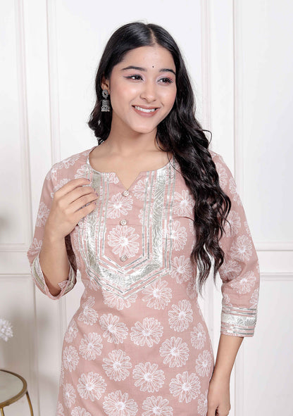 Miravan Womens Brown Floral Printed Straight Ethnic Kurta with Palazzo