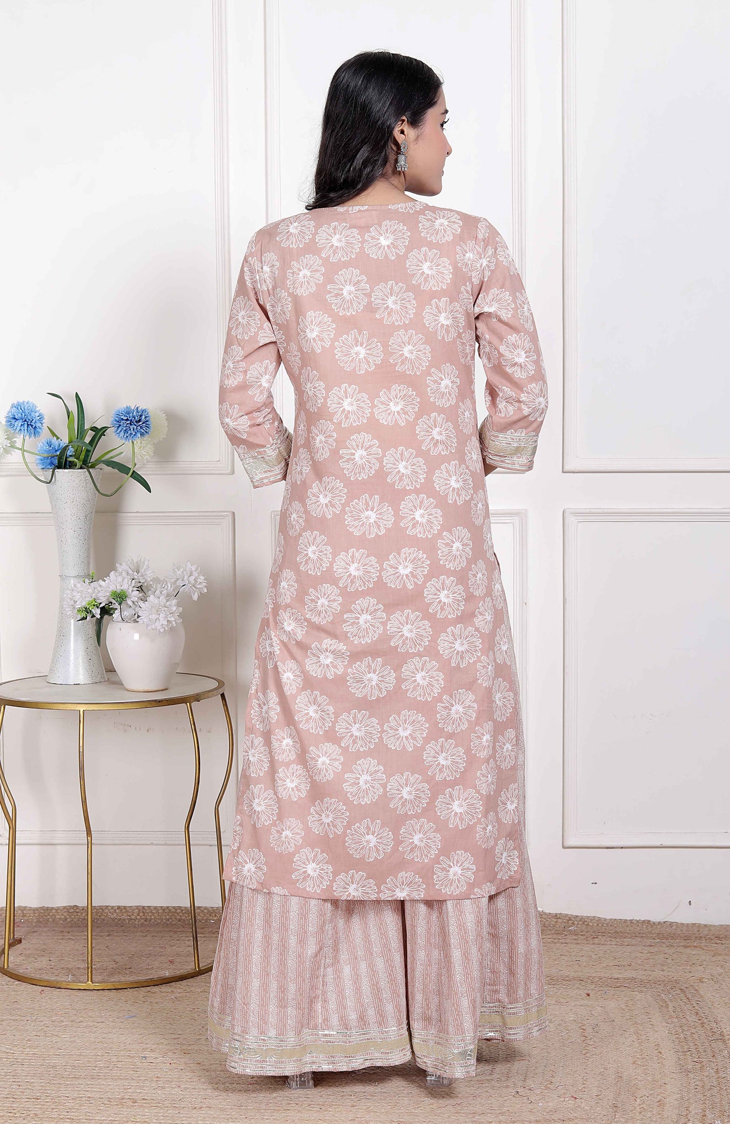 Miravan Womens Brown Floral Printed Straight Ethnic Kurta with Palazzo