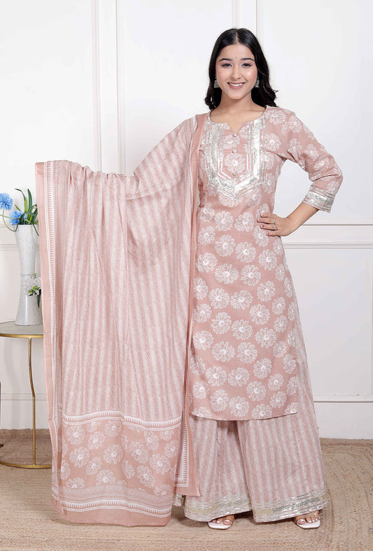 Miravan Women Brown Floral Printed Cotton Straight ethnic Kurta with Palazzo and Dupatta