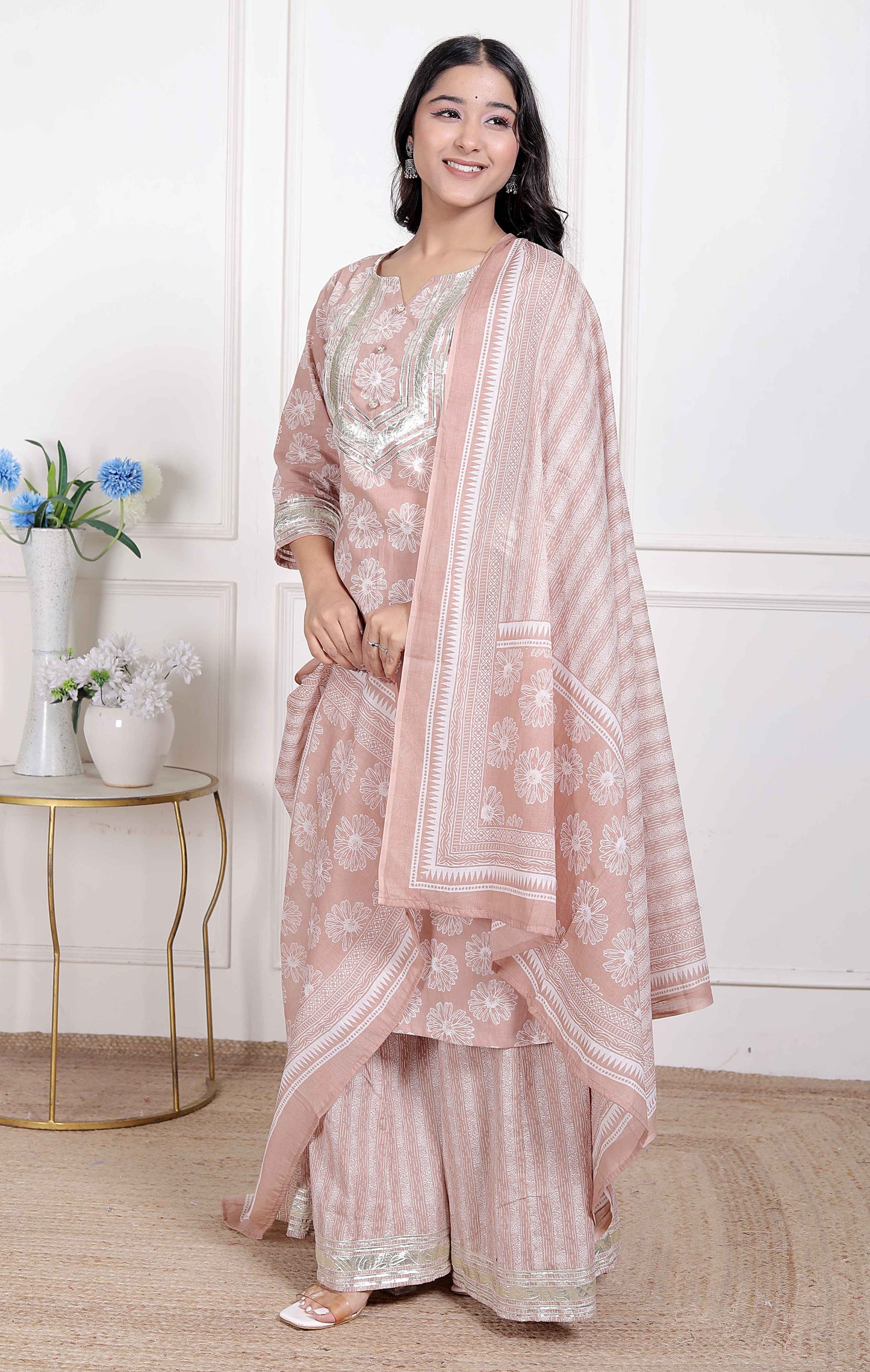 Miravan Women Brown Floral Printed Cotton Straight ethnic Kurta with Palazzo and Dupatta