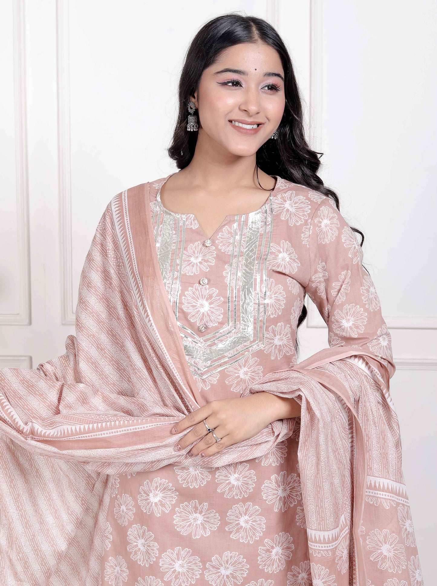 Miravan Women Brown Floral Printed Cotton Straight ethnic Kurta with Palazzo and Dupatta