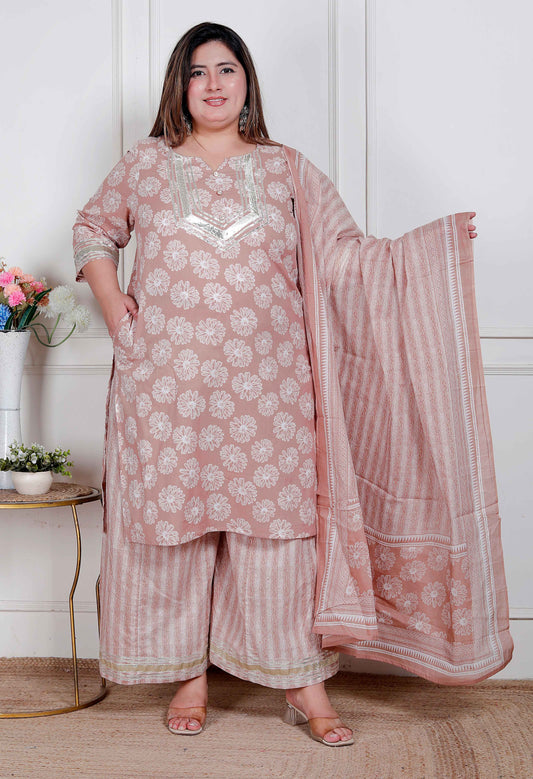Miravan Plus Size Women Brown Floral Printed Cotton Straight ethnic Kurta with Palazzo and Dupatta