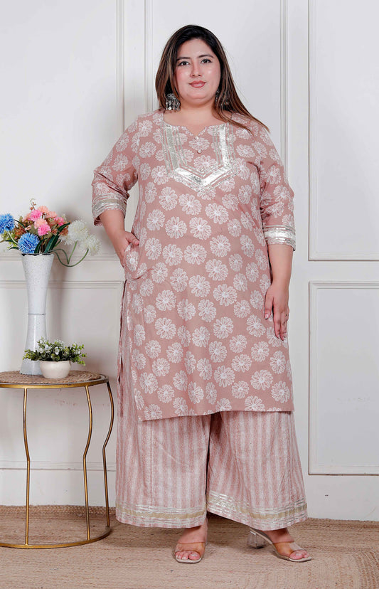 Miravan plus size Women Brown Floral Printed Straight Ethnic Kurta with Palazzo