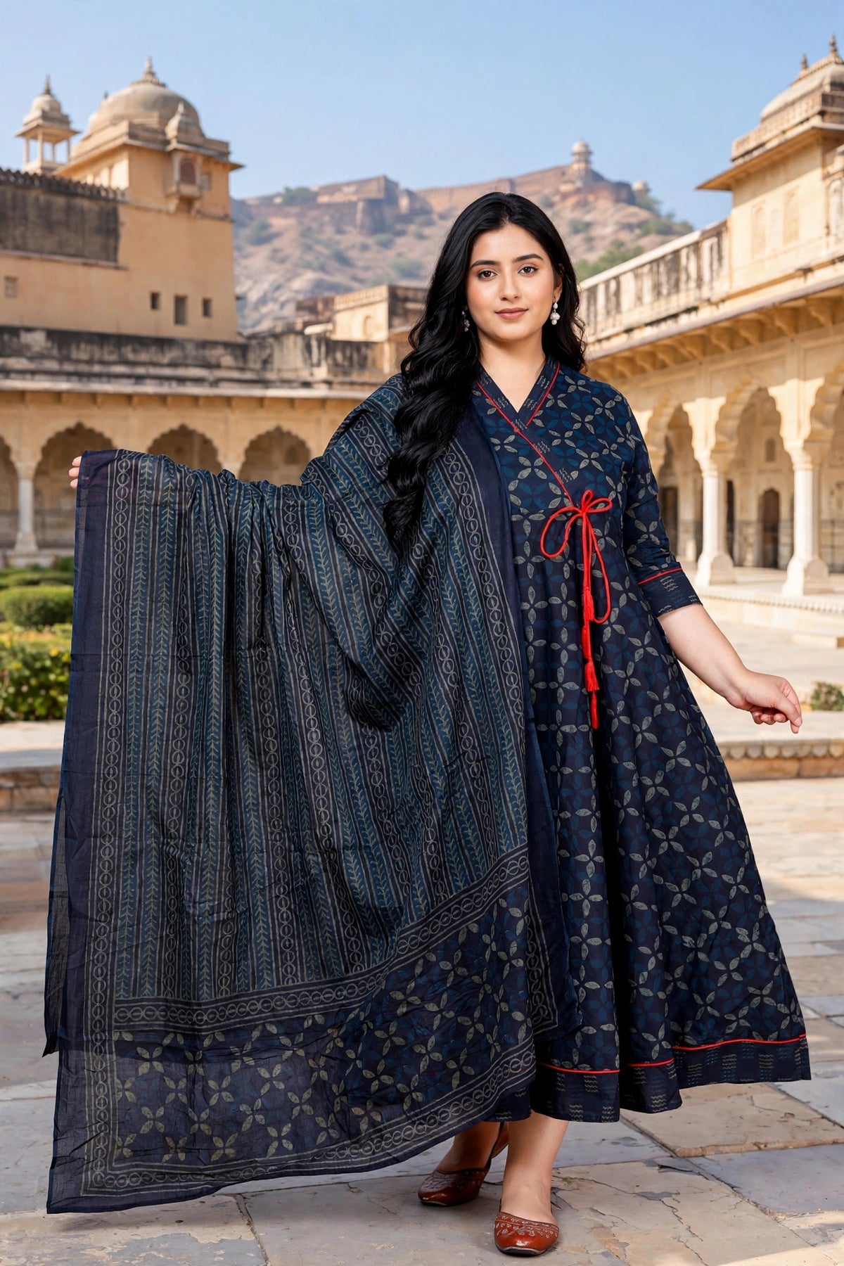 Miravan Womens Plus Size V-Neck Abstract Printed tassel Blue Angrakha Kurta & Dupatta Set