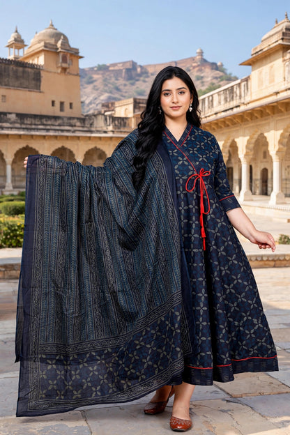 Miravan Womens Plus Size V-Neck Abstract Printed tassel Blue Angrakha Kurta & Dupatta Set