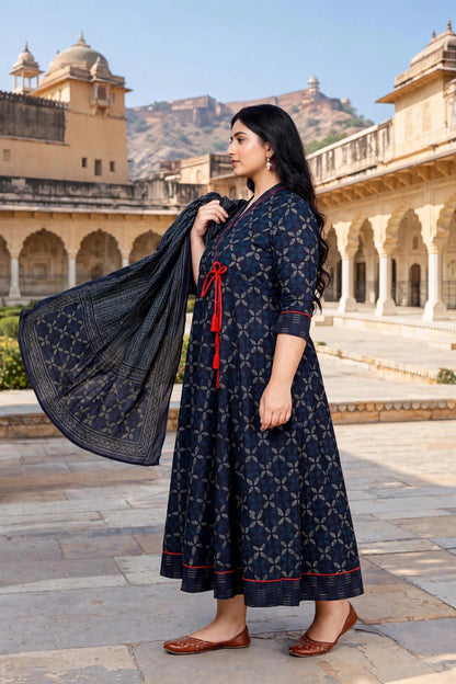Miravan Womens Plus Size V-Neck Abstract Printed tassel Blue Angrakha Kurta & Dupatta Set