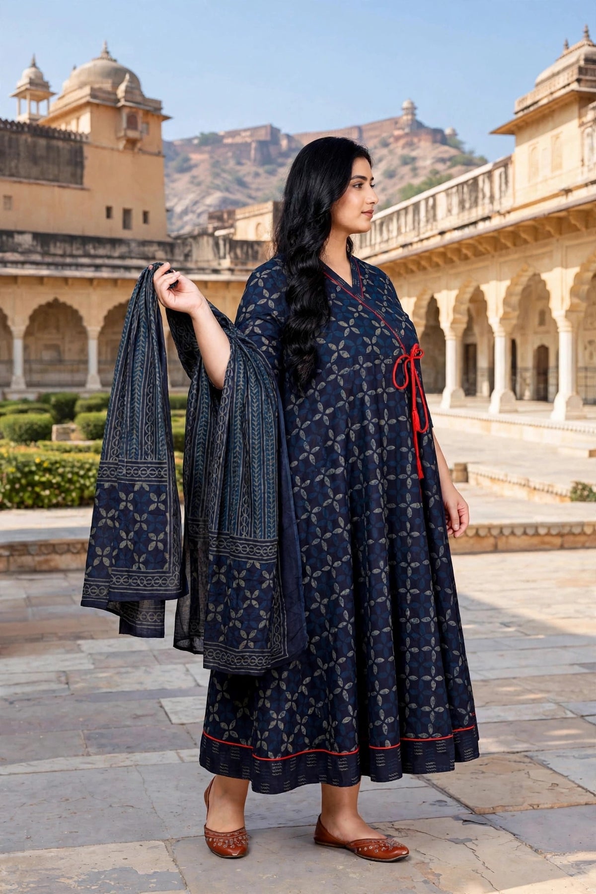 Miravan Womens Plus Size V-Neck Abstract Printed tassel Blue Angrakha Kurta & Dupatta Set