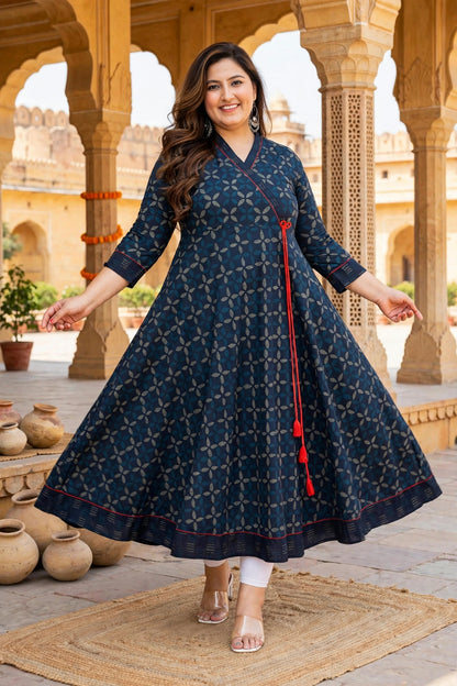 Miravan Womens Plus Size Blue Abstract Printed Side Dori Tassel Anarkali Kurta 