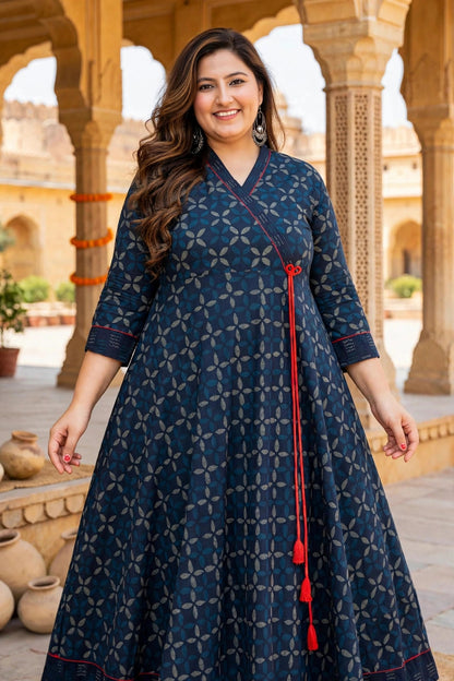 Miravan Womens Plus Size Blue Abstract Printed Side Dori Tassel Anarkali Kurta 