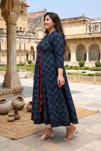 Miravan Womens Plus Size Blue Abstract Printed Side Dori Tassel Anarkali Kurta 