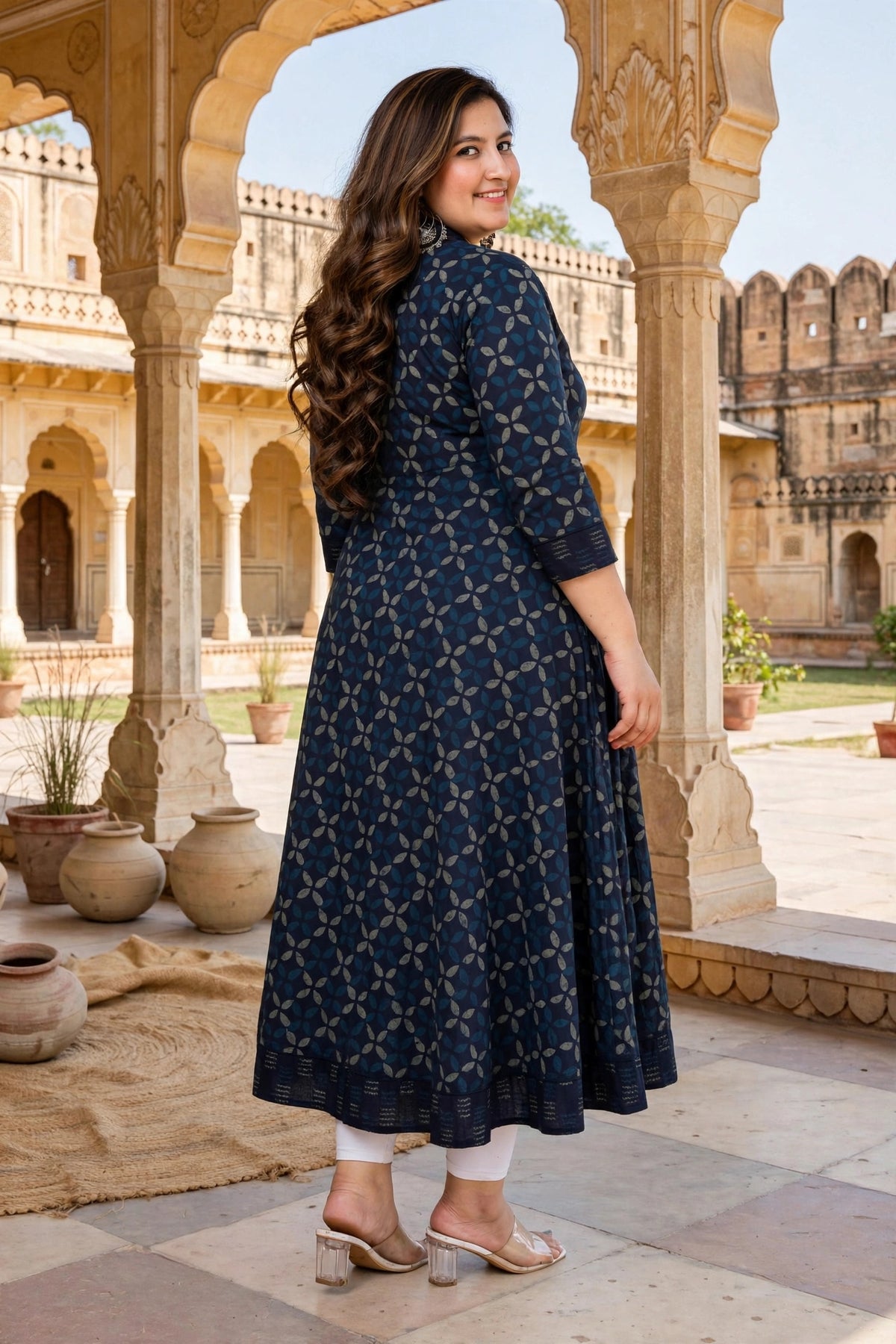 Miravan Womens Plus Size Blue Abstract Printed Side Dori Tassel Anarkali Kurta 