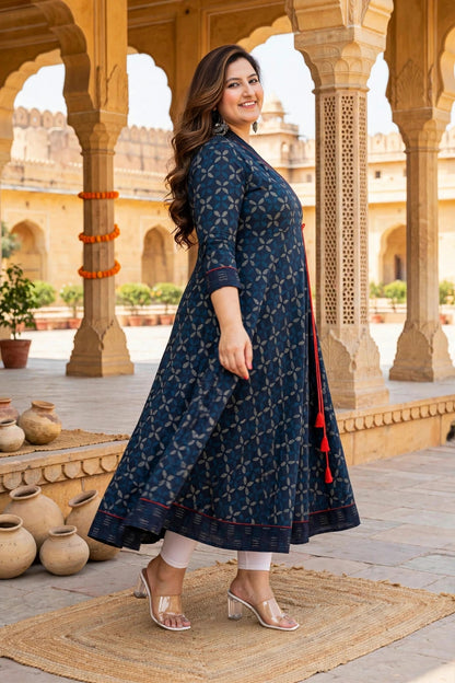 Miravan Womens Plus Size Blue Abstract Printed Side Dori Tassel Anarkali Kurta 