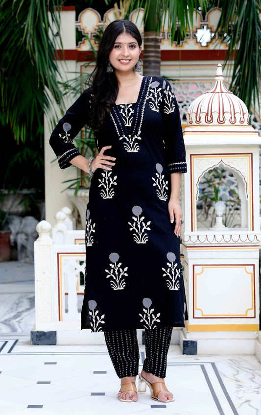 Women's Cotton Gota Patti Black Floral Printed Straight Kurta Palazzo Set - Miravan