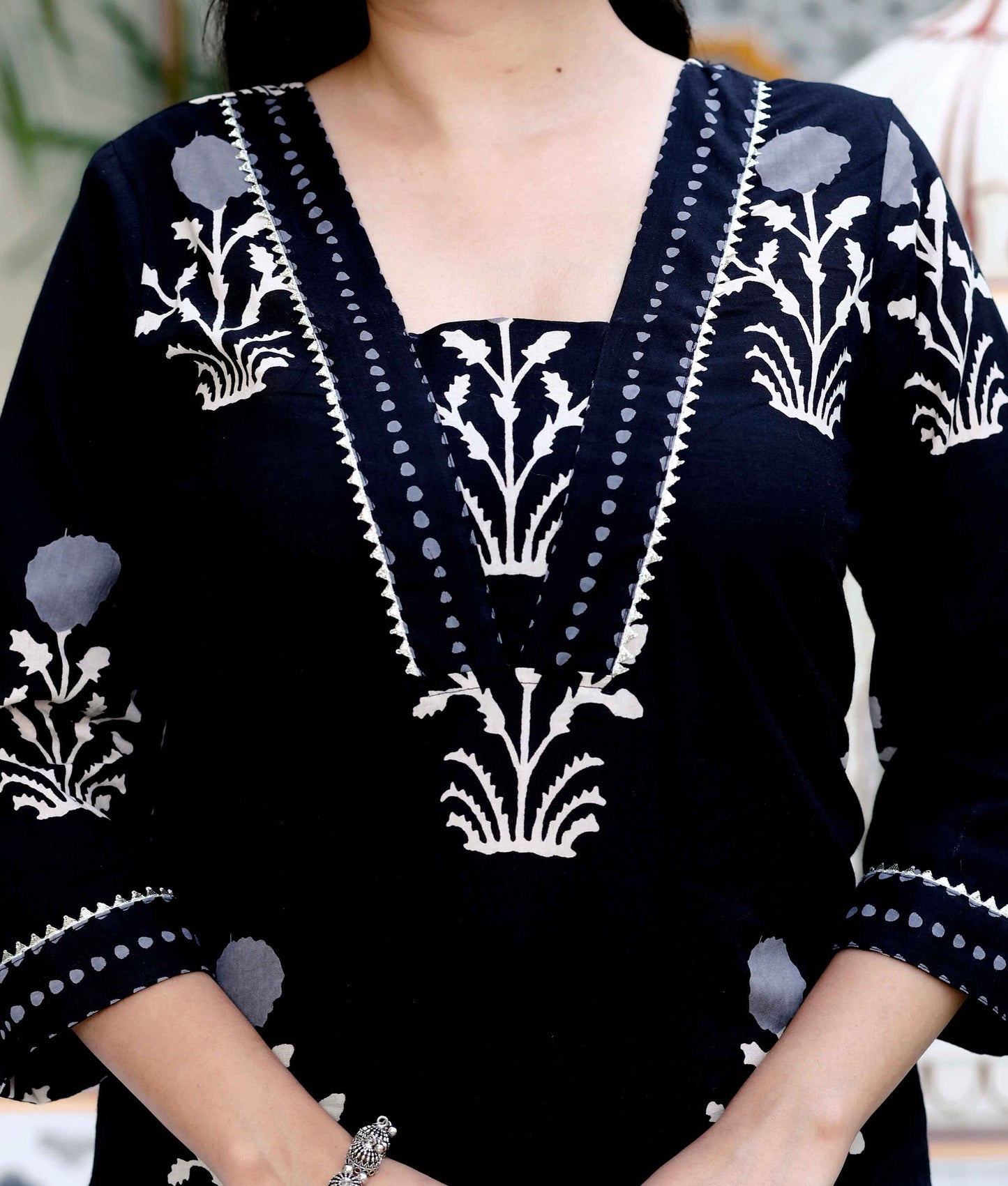 Women's Cotton Gota Patti Black Floral Printed Straight Kurta Palazzo With Dupatta Set - Miravan
