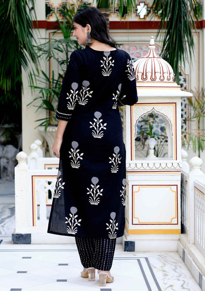 Women's Cotton Gota Patti Black Floral Printed Straight Kurta Palazzo With Dupatta Set - Miravan