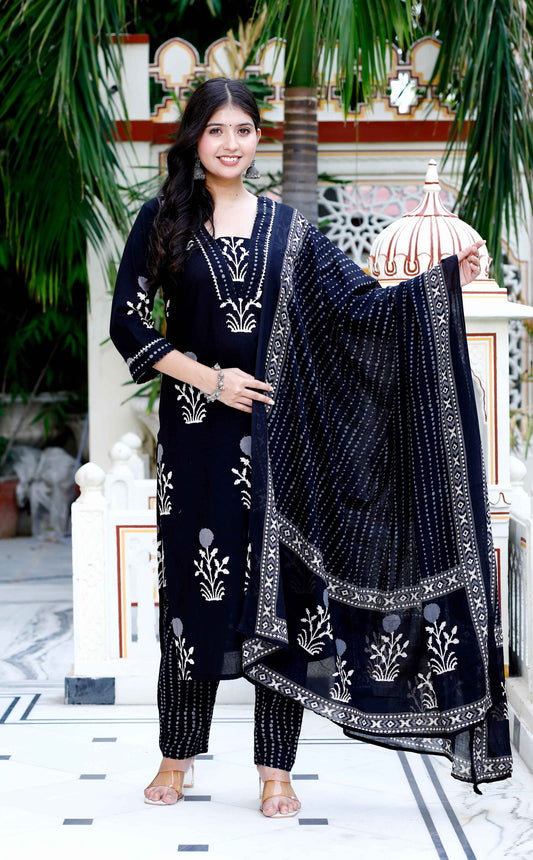 Women's Cotton Gota Patti Black Floral Printed Straight Kurta Palazzo With Dupatta Set - Miravan