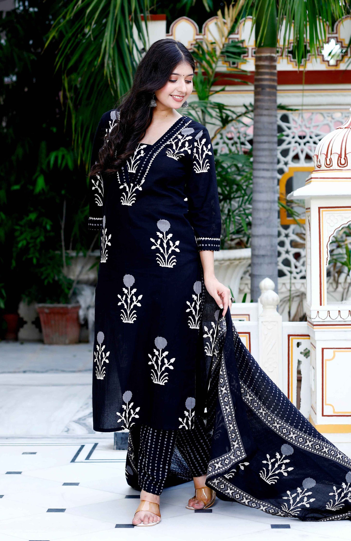 Women's Cotton Gota Patti Black Floral Printed Straight Kurta Palazzo With Dupatta Set - Miravan