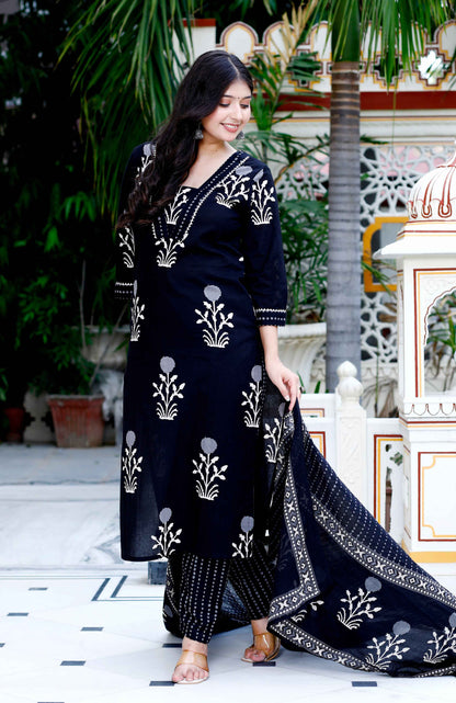 Women's Cotton Gota Patti Black Floral Printed Straight Kurta Palazzo With Dupatta Set - Miravan