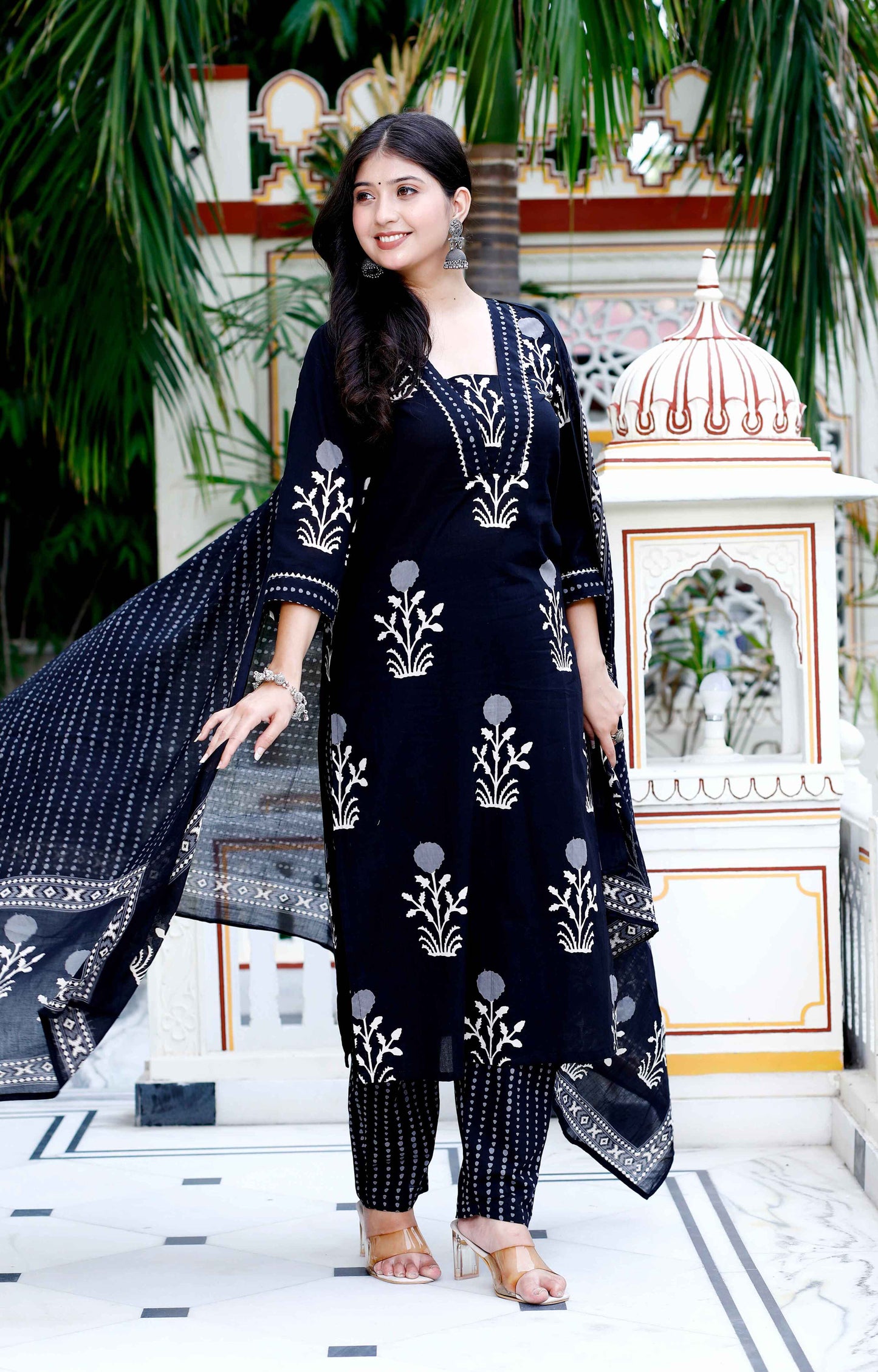 Women's Cotton Gota Patti Black Floral Printed Straight Kurta Palazzo With Dupatta Set - Miravan