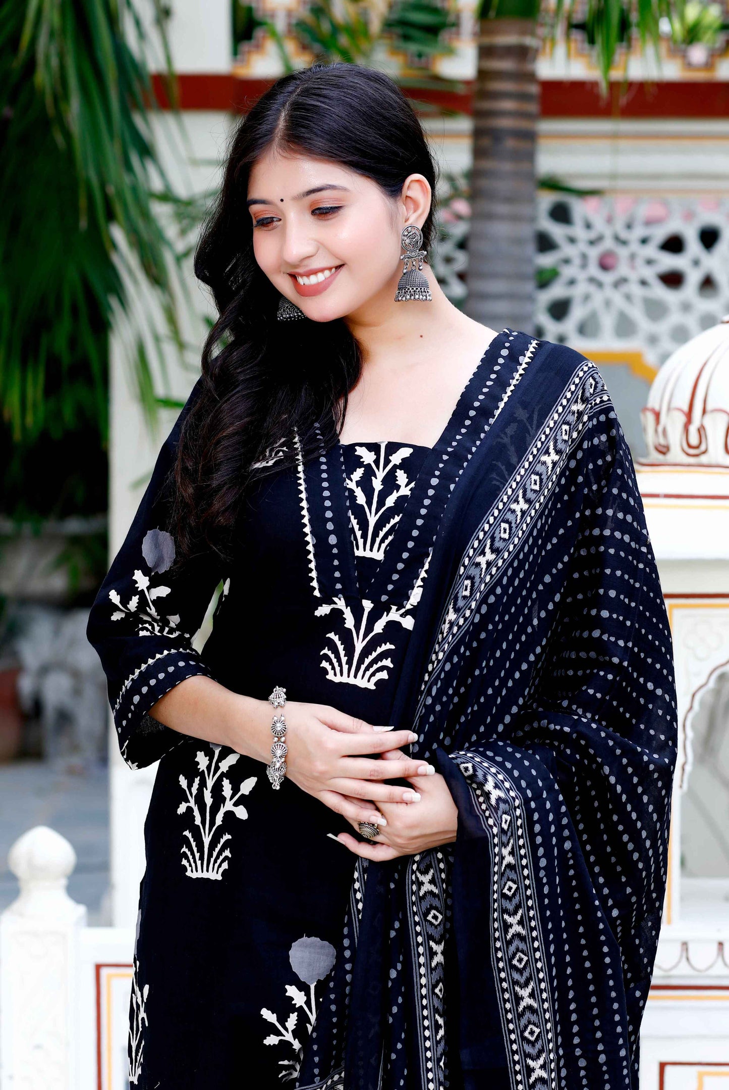 Women's Cotton Gota Patti Black Floral Printed Straight Kurta Palazzo With Dupatta Set - Miravan