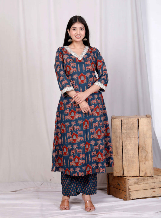 Miravan Womens Blue Pure Cotton Animal Printed Zari Lace Work Anarakali Kurta And Palazzo Set