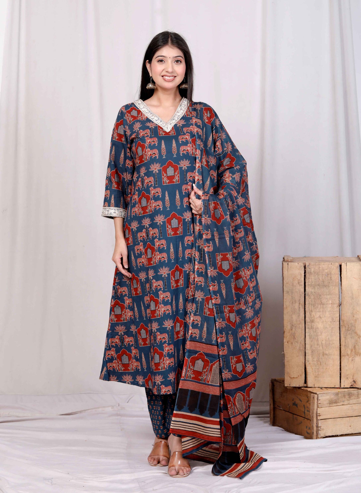 Miravan Womens Pure Cotton Animal Printed Zari Lace Work Blue Jaipuriya Anarakali Suit Set
